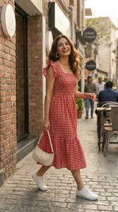 Red Plaid Sleeveless Midi <b>Dress</b> With Ruffled Neck And Hem A-Line Casual Summer Wear Women <b>Dress</b> Beautiful and Elegant <b>Dress</b> - Product Image 3