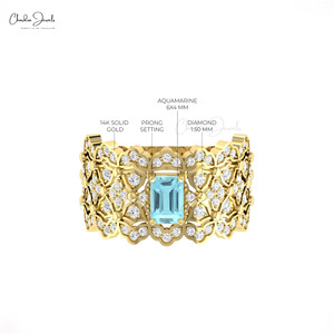 Hot Selling 6x4mm Octagon Cut Aquamarine Gemstone Cocktail <b>Ring</b> with 14k Solid Gold Diamond Signature Wedding <b>Ring</b> for <b>Couple</b> - Product Image 5