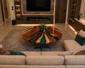 Mesa de centro redonda de madera natural con resina, borde natural, muebles contemporáneos para sala de estar, diseño artesanal duradero para interiores. - Product Image 5