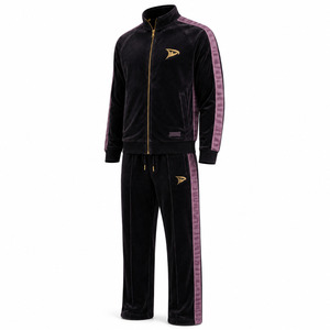 Ensemble de survêtement Dravelle Industry en velours noir polyester/coton 2 en 1 avec rayures violettes, fermeture éclair sur le devant, unisexe, décontracté, pour l'hiver - Product Image 4