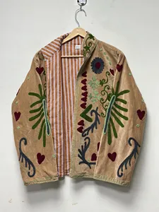Women Khaki <b>Velvet</b> Suzani Embroidered <b>Jacket</b> with Floral Pattern Full Sleeve Stand Collar Bohemian Women's Autumn Outerwear - Product Image 3