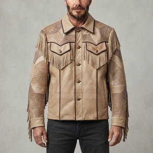 Classic <b>Western</b> Leather <b>Jacket</b> For Men With Fringe Accents And Detailed Embossing For Casual Outfits Travel And Weekend Wear - Product Image 3