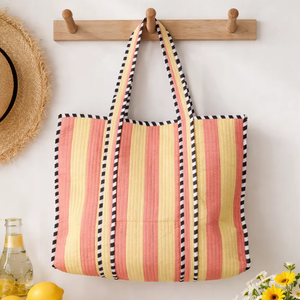 Sac fourre-tout matelassé en coton indien écologique jaune et orange à rayures, avec doublure en coton biologique, pour femme, style bohème floral - Product Image 1