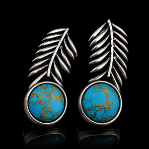 Direct Wholesale Trendy Antique Silver Plated Stainless Steel Plant Design Bezel Setting <b>Stud</b> <b>Earrings</b> <b>Turquoise</b> Stone Women's - Product Image 4
