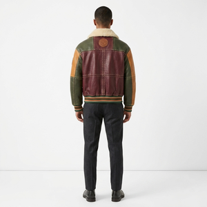 Men's Patchwork Leather <b>Bomber</b> <b>Jacket</b> With Faux Fur Collar And Badge Back Winter Windproof <b>Vintage</b> Style - Product Image 2
