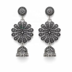 Handcrafted <b>Oxidized</b> Silver Floral Mandala Jhumka Earrings with Detailed Filigree Work and Ethnic Ghungroo Droplets - Product Image 1