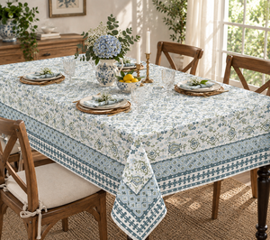 Ridhi Customizable Modern Hand Block Printed Eco-Friendly <b>Tablecloth</b> Light Blue <b>White</b> Floral Geometric Pattern Dining Reusable - Product Image 4