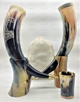 Verre à boire en corne de buffle naturelle, artisanal rustique, style viking, avec petit motif cubique