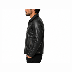 Veste moto en cuir véritable noir pour homme, col rabattu, fermeture éclair, coupe classique, pour l'automne - Product Image 4