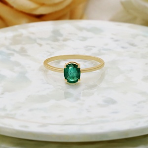 14K Solid Yellow Gold Oval <b>Green</b> Emerald Solitaire <b>Ring</b> Fine Jewelry Wholesale Minimalist Custom Genuine Gemstone <b>Ring</b> For Women - Product Image 3