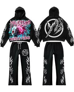 Conjunto Deportivo Ligero de Poliéster/Algodón con Estampado de Calavera Estilo Gótico Internacional Elite Vanguard para Hombre, Sudadera con Capucha y Pantalones Negros - Product Image 3
