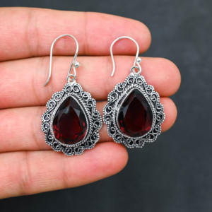 Customised <b>Red</b> Garnet LAB-CREATED 925 Sterling Silver <b>Earrings</b> 1.9" Handmade Gemstone Jewelry Antique Fine <b>Earring</b> Gift for Wome - Product Image 2