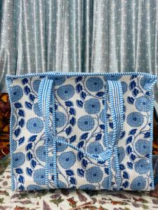 Blue Handmade Quilted Cotton Floral Printed <b>Boho</b> Style Drawstring Closure Large Tote <b>Bag</b> Women Shoulder Carry Shopping Alif - Product Image 1