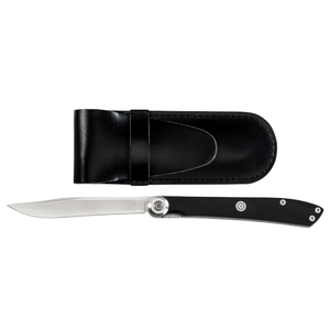 Cuchillo para carne de acero inoxidable con hoja afilada para rebanar, mango negro y funda de cuero para cortar carne de res en la mesa. - Product Image 4