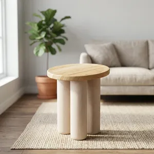 Modern Scandinavian Wood <b>Side</b> <b>Table</b> with <b>Round</b> Top and Textured Legs Living Room Furniture - Product Image 4