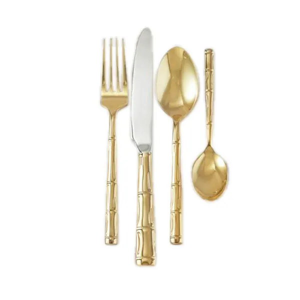 Großhandel Bambus Design Griff Edelstahl Besteck Set Shinny Polish Gold Besteck für Hochzeits veranstaltungen Geschirr Artikel