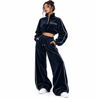 Sweat-shirt court pour femme en velours avec logo personnalisé en strass, demi-zip, col montant contrastant, survêtement avec pantalon de jogging à jambes larges, OEM