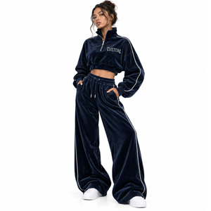 Custom Rhinestone Logo <b>Velour</b> Half Zip Crop Women's <b>Sweatshirt</b> Contrast Piping High Mock Neck Tracksuit Wide Leg Sweatpants OEM - Product Image 3