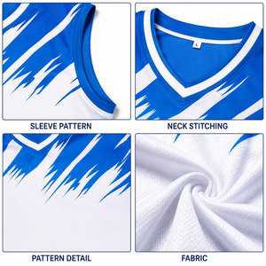 Ensemble de maillots de basket-ball sublimés personnalisés, bleu et blanc, motif géométrique, sans manches, col en V, séchage rapide, vêtements de sport pour hommes - Product Image 6