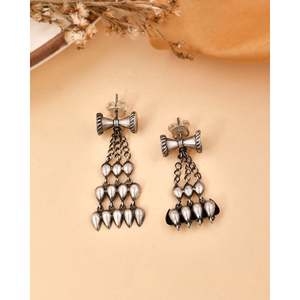 Meera Jaipur Damru <b>Long</b> <b>Silver</b> Fine Dangle <b>Earrings</b> - Product Image 3