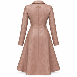 Womens Genuine Leather Long Duster <b>Coat</b> Dusty Rose Pink Tailored Slim Trench Jacket <b>Flared</b> Hem Turn Down Collar Button Outerwear - Product Image 2