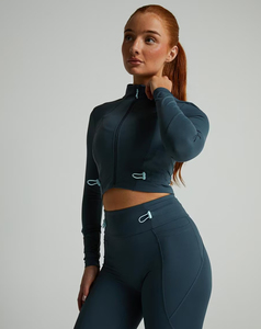 Custom Made Women's Solid 2-Piece Yoga Set <b>High</b> <b>Waist</b> <b>Leggings</b> Full Sleeve Quarter-Zip Jacket Breathable Stretch Activewear - Product Image 4