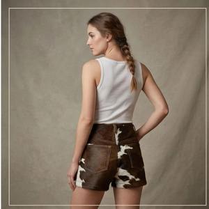 CUSTOM High Waist Cow Print Woven Breathable Bohemian Loose Fit Shorts with Lace-Up Front <b>Fur</b> Decoration Vintage Style Women's - Product Image 3