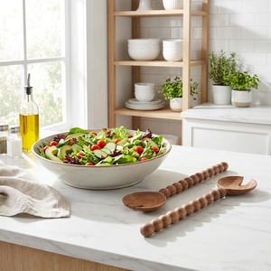 Juego de servidores de ensalada decorativos de mimbre/ratán del Suroeste con mango con cuentas, hecho a mano, para montar en la pared de la sala de estar, adorno para el interior del hogar - Product Image 2