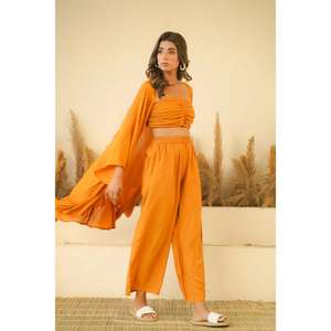 <b>Women</b> Mustard <b>Yellow</b> Gothic Floral Paisley Piece Co Ord Set Ruched Tube Crop <b>Top</b> Palazzo Pants Shrug Summer Resort Wear Outfit - Product Image 2