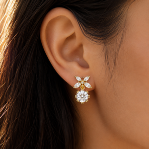 Pendientes Colgantes Florales de Oro Puro de 14K con Diamantes Cultivados en Laboratorio de Corte Redondo Certificados por IGI, Hoja Marquise y Mariposa, Joyería Fina para Mujer - Product Image 3