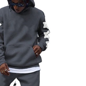 Men's Gray Hooded Tracksuit With <b>White</b> Star Print Loose Fit Streetwear <b>Sweatshirt</b> And Pants Full Length Autumn Wear - Product Image 6