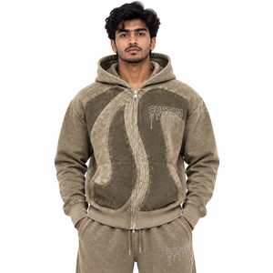 Sweat-shirt polaire zippé vintage pour homme, coupe oversize, avec logo en strass, panneaux incurvés, effet délavé, style streetwear, poids lourd, USA - Product Image 1