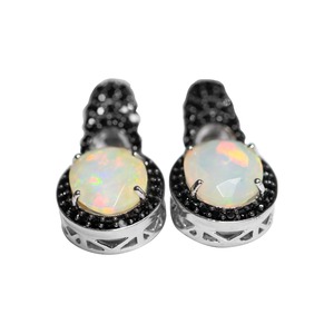 Premium 925 Sterling Silver Rhodium White <b>Opal</b> Statement <b>Earrings</b> with Black CZ Accents and Decorative Drop Design - Product Image 2