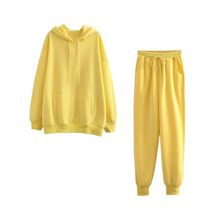 Conjunto Deportivo Amarillo con Capucha para Mujer, Sudadera de Algodón, Pantalones Jogger, Color Sólido Informal, Manga Larga, Ropa de Otoño - Product Image 1