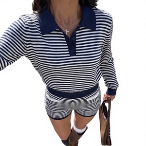 Summer Eco-Friendly Knitted Striped Polo Collar Knee Button Pajama Set Breathable Loose-Fitting Casual Sporty Short Sleeve Women - Product Image 3