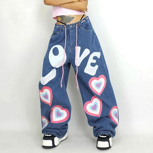 Jean en denim à jambe large imprimé Love OEM 2026, taille haute avec cordon de serrage, style grande taille, longueur intégrale, en coton pour femme - Product Image 1