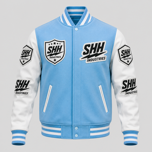 แจ็คเก็ตวาร์ซิตี้แบบกำหนดเองของ SHH INDUSTRIES สำหรับผู้ชาย ปักลายตัวอักษร แจ็คเก็ตเบสบอลทรงบอมเบอร์ แขนสีขาว สไตล์วิทยาลัย สตรีทแวร์ - Product Image 1