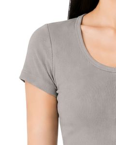 เสื้อครอปแขนสั้นทรงเข้ารูปสำหรับผู้หญิง สีเทา ผ้าริบเนื้อนุ่ม ผสมคอตตอนและสแปนเด็กซ์ ยืดหยุ่นได้ สไตล์ลำลอง เหมาะสำหรับฤดูร้อน มีกระดุม  แฟชั่นสำหรับสุภาพสตรี - Product Image 3