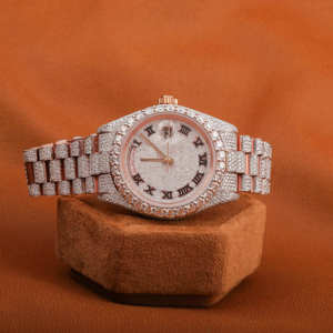 Montre-bracelet mécanique automatique en acier inoxydable, couleur or rose, cadran saphir, entièrement sertie de moissanite, luxueuse, vintage, style hip-hop - Product Image 6