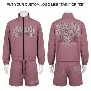 Mens 120 GSM Premium Polyester Taslon Windbreaker Short <b>Set</b> Dusty Rose Full Zip Rhinestone Heat Transfer Custom Logo OEM - Product Image 1