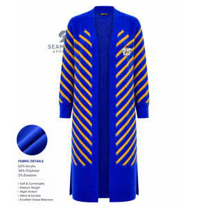 Sigma Gamma Rho Women's Longline Open Front <b>Cardigan</b> Blue Gold Striped Ribbed Cuffs Embroidered Duster <b>Sweater</b> With Side Slits - Product Image 2