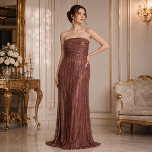 Vestido de Noche Elegante sin Tirantes con Lentejuelas en Oro Rosa para Mujer |   Elegante Vestido Largo Formal con Cuello Tubo |   Ropa de Fiesta para Invitados de Boda - Product Image 3