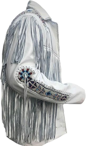 Men’s Western White Fringe Leather Jacket Retro Cowboy Tassel <b>Coat</b> with Braided <b>Stitch</b> Design Wholesale Manufacturer - Product Image 3