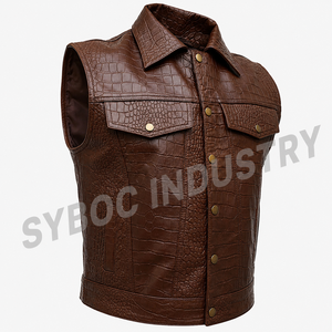 Chaleco de Cuero Marrón con Grabado de Cocodrilo para Hombre, Chaqueta sin Mangas Estilo Trucker con Botones a Presión, Textura Western para Montar a Caballo - Product Image 3