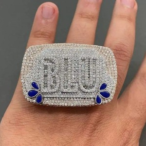 Iced Out <b>Gold</b> Plated S925 Silver <b>Cocktail</b> <b>Ring</b> Diamond Baguette Cut Letters Blue Inlay Pave Setting Hiphop Style Diamond <b>Ring</b> - Product Image 2