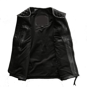 Chaleco de Motociclista de Cuero Genuino para Hombre, Cuello Redondo, Cierre de Cremallera, Transpirable, Sin Mangas, Estilo Sólido Negro - Product Image 5