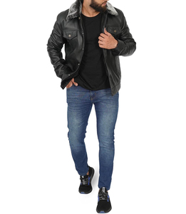 Veste en cuir véritable pour homme, style camionneur, poches avant, vestes en peau d'agneau avec fourrure - Product Image 4