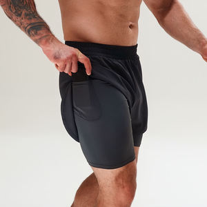 Custom Men's Polyester Spandex Double <b>Layer</b> Quick Dry Breathable Eco-Friendly Drawstring Closure <b>Mid</b> Waist Gym Training Shorts - Product Image 3