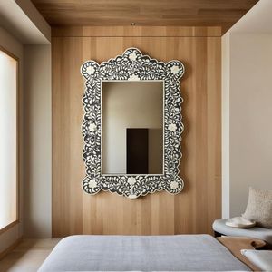 Miroir décoratif mural de style moderne, fait main, avec incrustations en os, pour salon, fabriqué en Inde. - Product Image 5