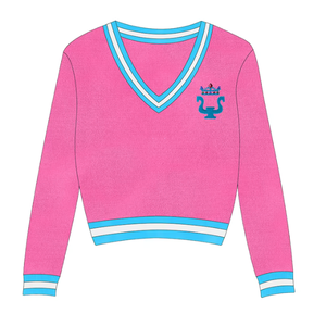Women's Pink V-Neck Cropped Pullover Sweater With Embroidery Logo Preppy Style Full Sleeve Knitted 100% Acrylic Autumn Wear - Product Image 1
